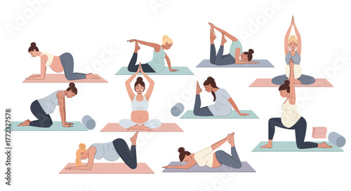 Pregnant women are depicted in various yoga poses on mats against a white backdrop