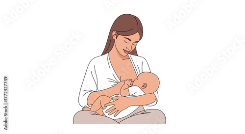 Woman breastfeeding a baby seated with crossed legs and eyes closed