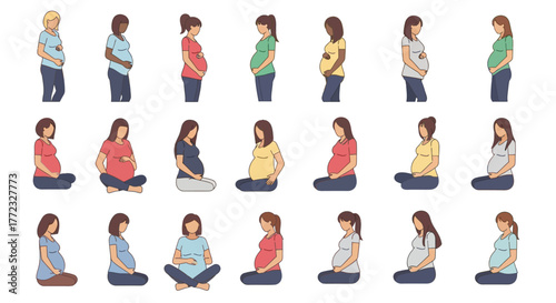 Various pregnant women stand  sit diverse attire skin tones