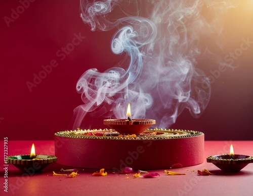 Diwali diya decorations podium for product display stunning in the deep red background. 