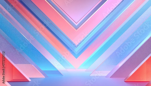 Abstract composition of frosted glass panels in vibrant pink, blue, and purple hues arranged in an arrow pattern converging towards a bright center, enhancing depth and perspective