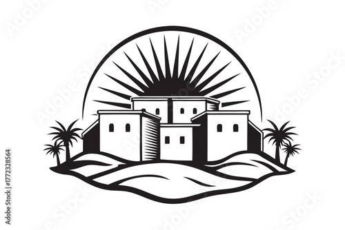 Silhouette of traditional architecture and palm trees radiates with desert sun in monochrome