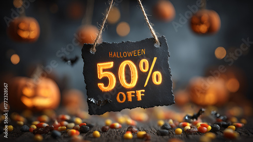 Halloween Sale 50% Off Banner, Spooky Discount Sign, Jack-o'-Lantern Candy Promotion
