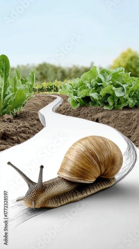 Garden snail gliding across pencil drawn path in vegetable garden, leaving silvery trail, representing gradual advancement through natural landscape