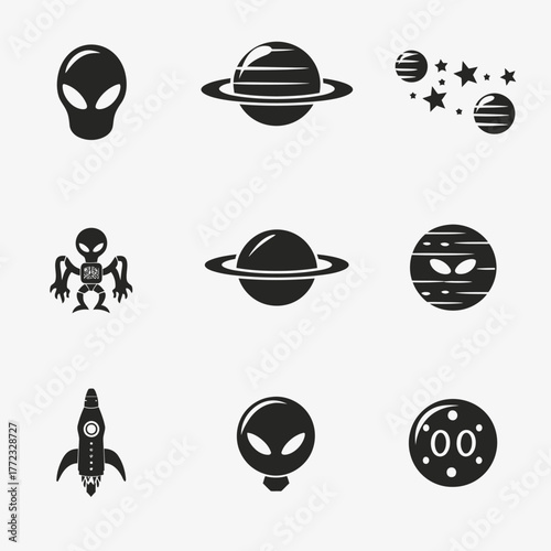 Monochromatic vector space icons set featuring alien heads, ringed planets, starry celestial bodies, and a rocket ship. Sci-fi graphics.