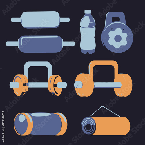 Vector illustration of essential gym and fitness workout equipment. Set includes dumbbells, kettlebell, yoga mat, foam roller, water bottle.