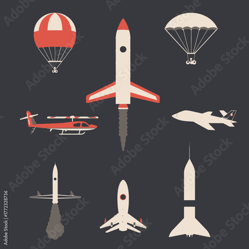 Flat design vector set of various flying objects: rockets, hot air balloon, helicopter, jet aircraft, and parachute. Air & space travel concepts.