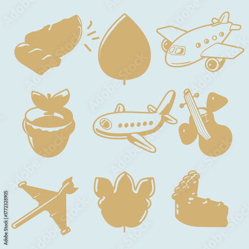 Cute Vector Icon Pattern: Playful Collection of Airplanes, Leaves, Baby Carriage, and Musical Instrument on Blue Background