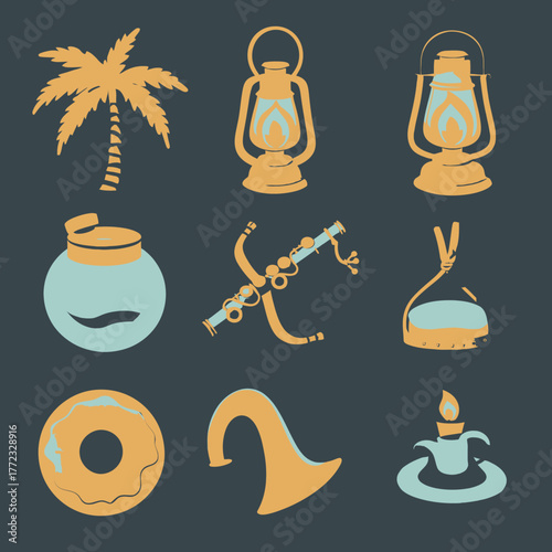 Stylized icon set featuring diverse graphic elements: tropical palm tree, vintage lanterns, musical instrument, dessert, and mystical symbols.