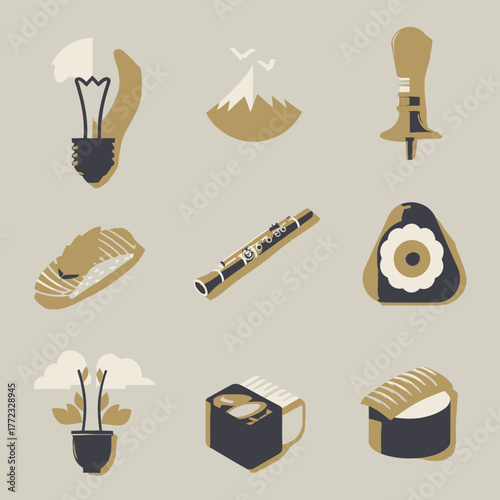 Minimalist Japanese culture vector icons. Traditional symbols like Mount Fuji, sushi, onigiri, flute, bonsai, and spinning top.