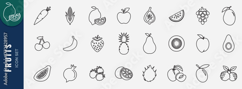 Healthy Fruit icon set. Vector icon of apple, banana, strawberry, pineapple, watermelon, mango, grapes. Line art icon set for health and nutrition themes.