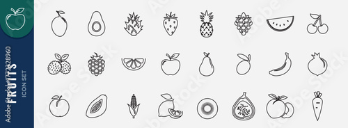 Line art fruit icon set. Vector icon of apple, banana, strawberry, pineapple, watermelon, mango, grapes. Fruit icon set for health and nutrition themes.
