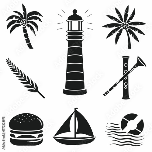 Diverse vector silhouette icons: palm trees, lighthouse, sailboat, hamburger, wind instrument, wheat, lifebuoy. Graphic elements.