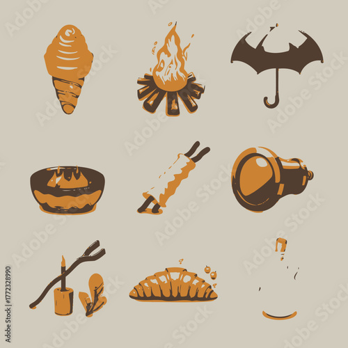 Collection of vintage camping and outdoor activity icons. Retro style illustrations of summer fun, autumn coziness, food, and travel objects.