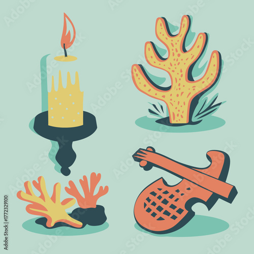 Retro flat vector illustration set featuring a burning candle, vibrant coral, and a stylized stringed musical instrument