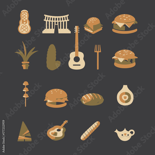 Diverse flat icon collection featuring food, travel, music, and cultural elements. Minimalist graphic illustrations on a dark background.