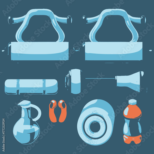 Modern Flat Design Fitness Equipment Set. Vector Illustration of Gym Workout Gear for Health and Exercise.
