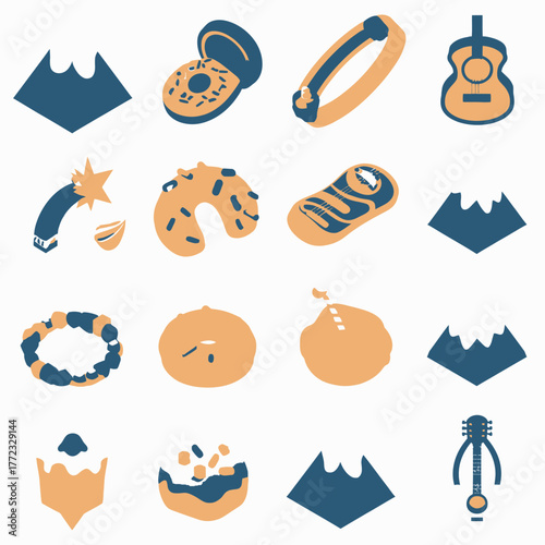 Abstract vector icons, flat graphic elements, diverse symbols: music, food, travel, baby, jewelry, fruits, celebration in blue and orange.