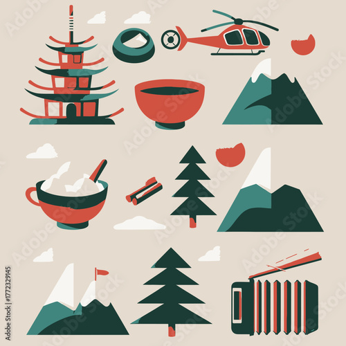 Flat Design Travel and Nature Icon Set: Asian Pagoda, Mountains, Helicopter, Forest Trees, Winter Sports, and Music Illustrations