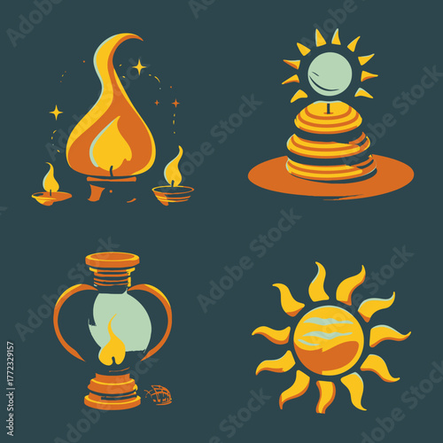 Stylized illustrations of diverse light sources including traditional oil lamps, a radiant sun symbol, and a vintage lantern, embodying warmth and energy.