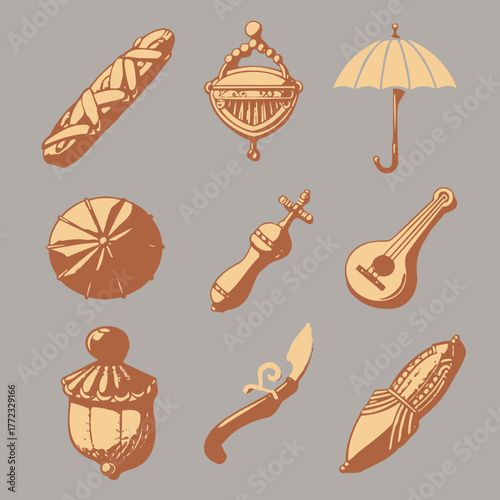 Diverse Hand Drawn Cultural Objects Illustration Set. Vintage Traditional Icons: Food, Music, Decor. Heritage and Travel Collection.