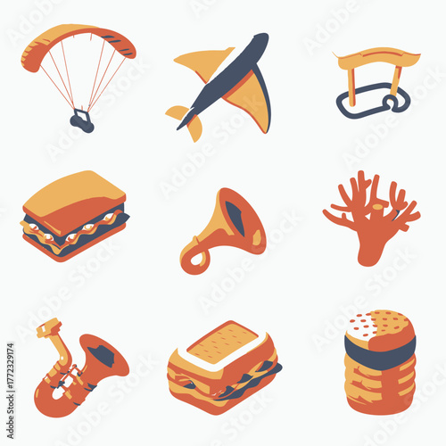 Isometric flat design icons set: travel, food, music, nature, and leisure symbols. Isolated vector collection for web and app.