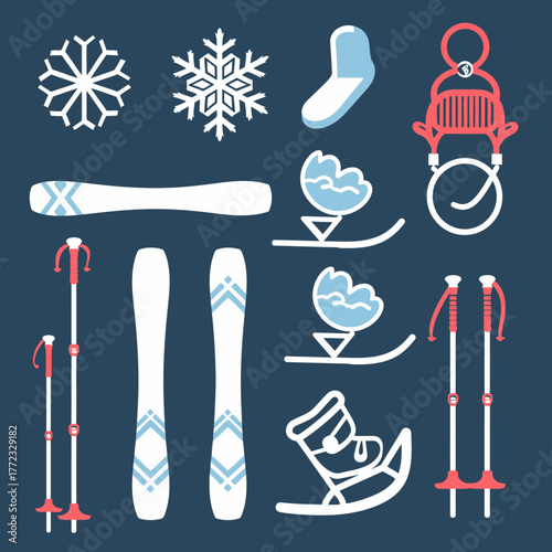 Winter sports equipment icon set with flat design elements. Collection of ski gear, snowboard, sled, snowshoes, ice skates, and snowflakes.
