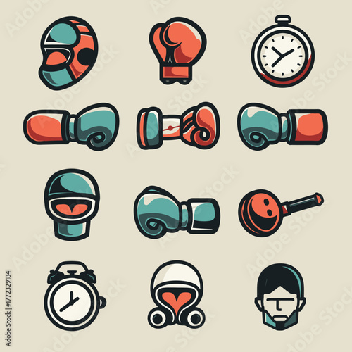 Boxing sports equipment icon set with gloves, headgear, stopwatch, and training tools. Vector illustration for gym and fitness.