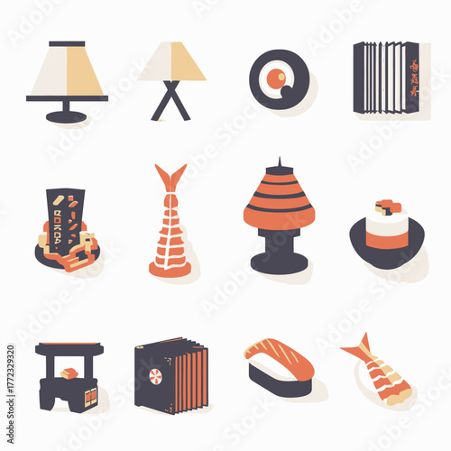Flat Design Japanese Culture and Food Icons. Sushi, Nigiri, Tempura, Traditional Lamps & Elements. Vector Illustration.