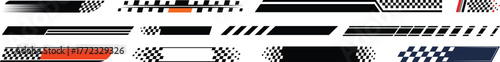 Racing cars and race car stripes set. Checkered flag, motocross labels, dynamic lines, motorsport, racing stripe speed, sport decals, tuning stickers.Hood rally racing stripes icon vector set.