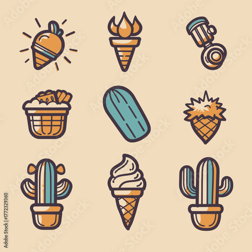 Whimsical flat design vector illustration set with ice cream, cucumber, cactus, fried snacks, and unique cartoon icons.