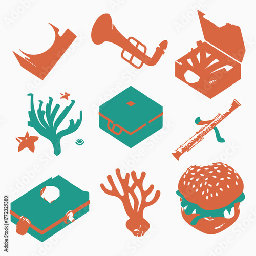 Collection of stylized vector icons: musical instruments, marine life, fast food, and abstract geometric shapes. Flat design in orange and teal.