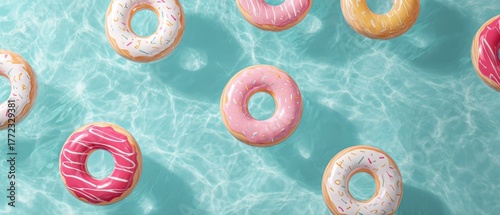 Minimalist top view of colorful inflatable donut and alphabet letter floaties floating in bright turquoise swimming pool water with copy space for summer vacation advertising concepts
