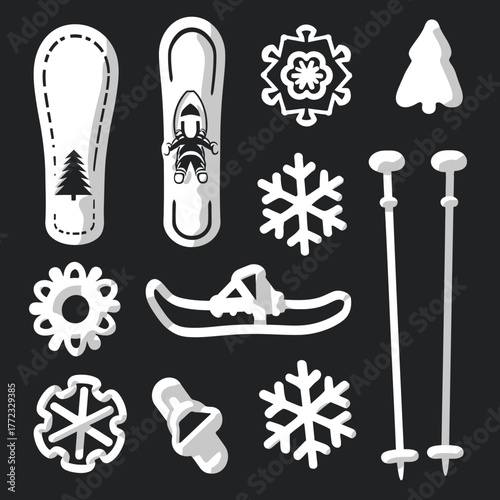 Winter Sports and Recreation Icons Set - Snowboarding, Snowshoeing, Ski Poles, and Snowflakes Vector Illustration