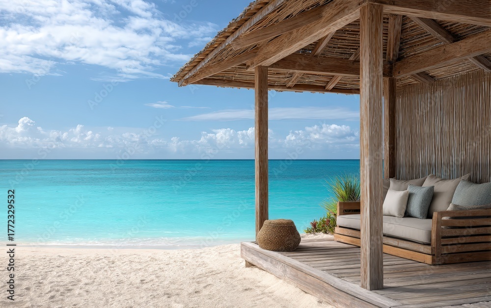 Fototapeta premium Secluded beach cabana beside clear turquoise waters at a luxury resort, captured midday to highlight premium summer travel and tropical escape themes for tourism marketing use
