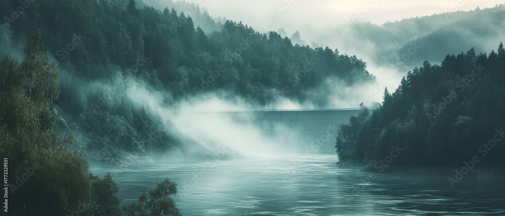 Obraz premium A hydroelectric dam surrounded by morning mist and dense forest, capturing the balance of power generation and nature conservation through sustainable energy infrastructure photography.
