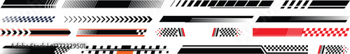 Racing cars and race car stripes set. Checkered flag, motocross labels, dynamic lines, motorsport, racing stripe speed, sport decals, tuning stickers.Hood rally racing stripes icon vector set.