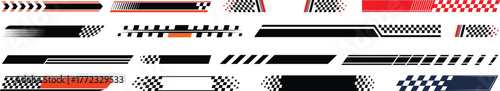 Racing cars and race car stripes set. Checkered flag, motocross labels, dynamic lines, motorsport, racing stripe speed, sport decals, tuning stickers.Hood rally racing stripes icon vector set.