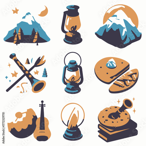 Camping and Outdoor Adventure Vector Icons Set. Nature, mountains, vintage lanterns, musical instruments, and comfort food elements illustrations.