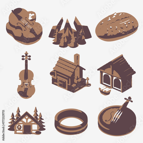 Stylized Isometric Folk Art Icons Set: Rustic Cabins, Traditional String Instruments, Woodland Trees, Bread, and Ring Illustrations