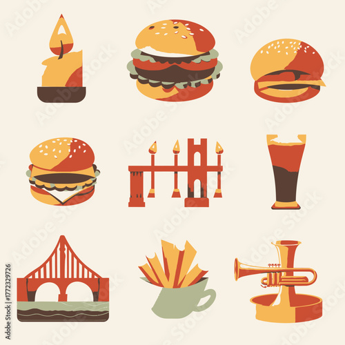 Colorful flat design icons: burgers, french fries, cool drink, candle, stylized bridge, and trumpet. Diverse illustration collection.