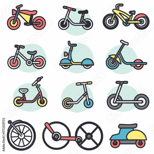 Colorful flat design vector icon set of two-wheeled vehicles: bicycles, scooters, and motorcycles for urban personal transport and mobility.