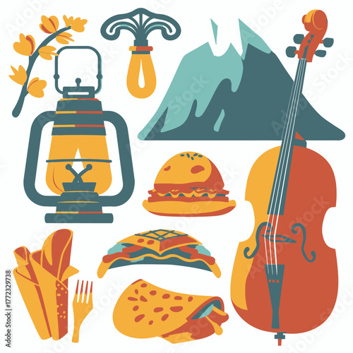 Vibrant Retro Flat Design Icon Set: Burger, Taco, Cello, Mountain, Lantern, Lasagna, Burrito, Flower. Diverse Vector Graphics Collection.