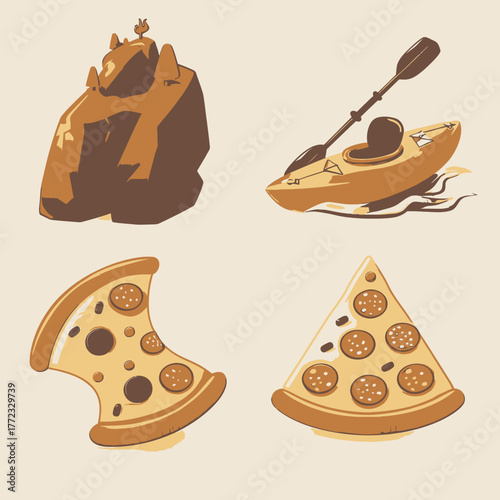 Illustrative vector compilation: rugged island, recreational kayak, and savory pepperoni pizza slices in flat design.