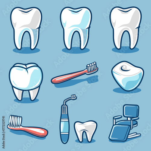 Oral hygiene and dental care vector illustration set. Clean healthy teeth, toothbrushes, toothpaste, and dental chair icons.