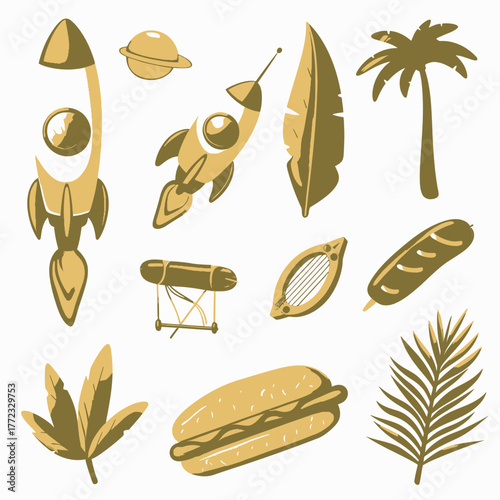 Retro Summer Travel & Food Icons Set with Space & Nature Graphics - Vintage Isolated Objects Collection