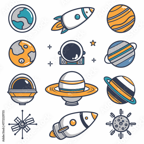 Vector set of colorful cartoon space exploration icons including planets, rockets, satellites, and astronaut helmets.