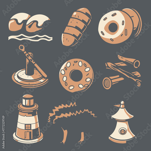Stylized Summer Beach Vacation Vector Icons Set: Coastal Lighthouse, Ocean Waves, Inflatable Rings, Parasol, Raft, Towels Illustration