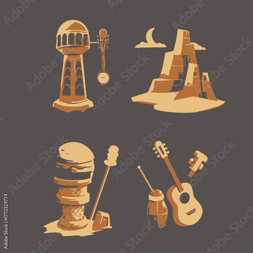Retro Graphic Elements: Desert Landscape, Vintage Lighthouse, Acoustic Guitars, and Abstract Ice Cream Cone Illustration