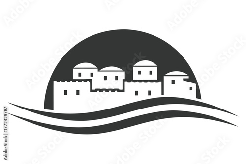 Silhouette shows old middle eastern buildings nestled between two wave lines and shadowed hills